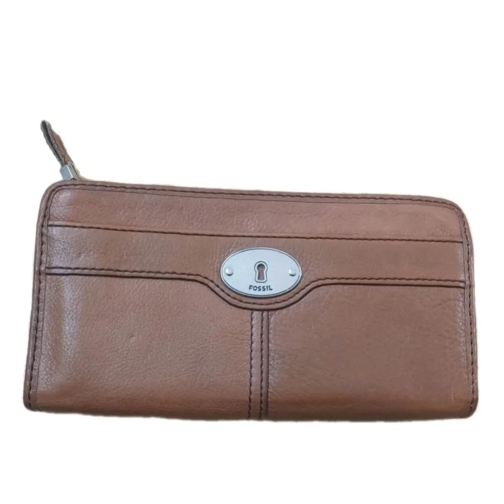 Fossil Marlow Clutch Wallet Brown Leather Zip Around Boho Hippie Southwestern